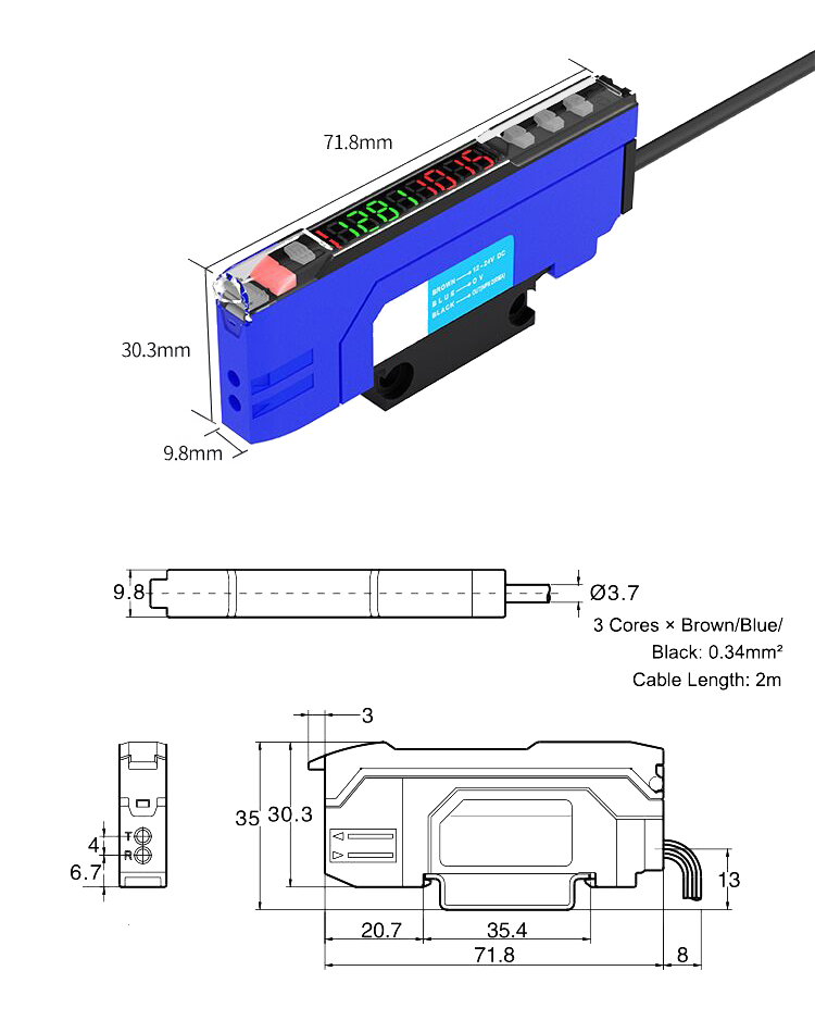 Fiber optic sensor amplifier dimensions