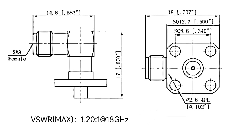 SMA female right angle RF coaxial connector dimension