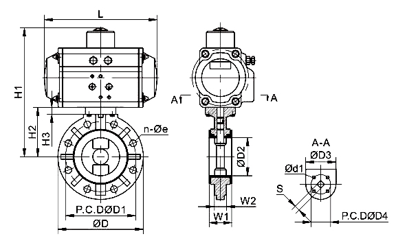 Body dimension of pneumatic actuated PVC butterfly valve