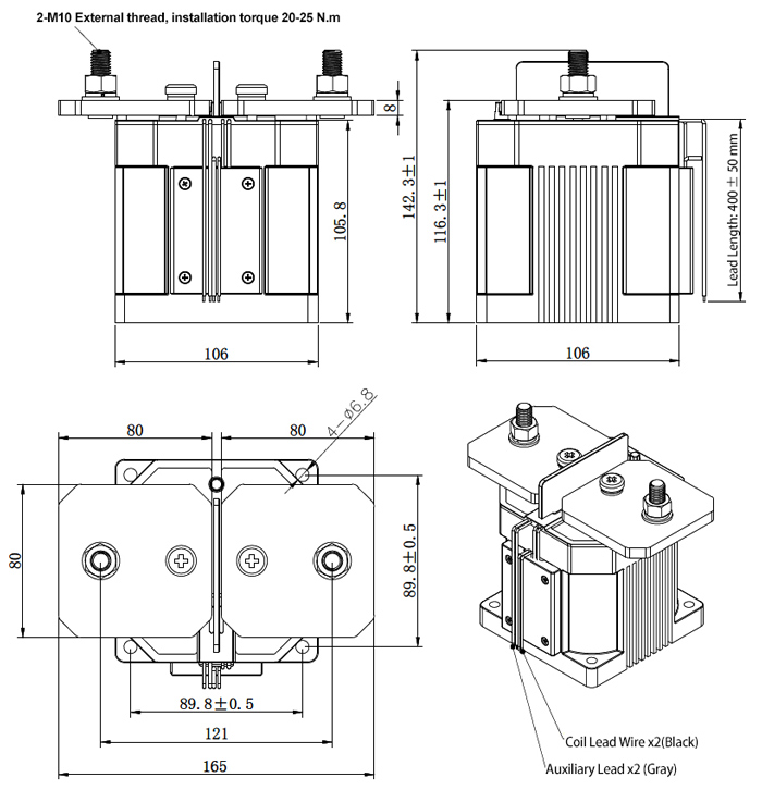 1200A high voltage DC contactor with auxiliary switch dimension