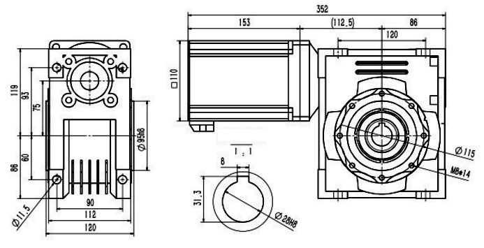 Dimensions of 1500 W DC Worm Gear Motor