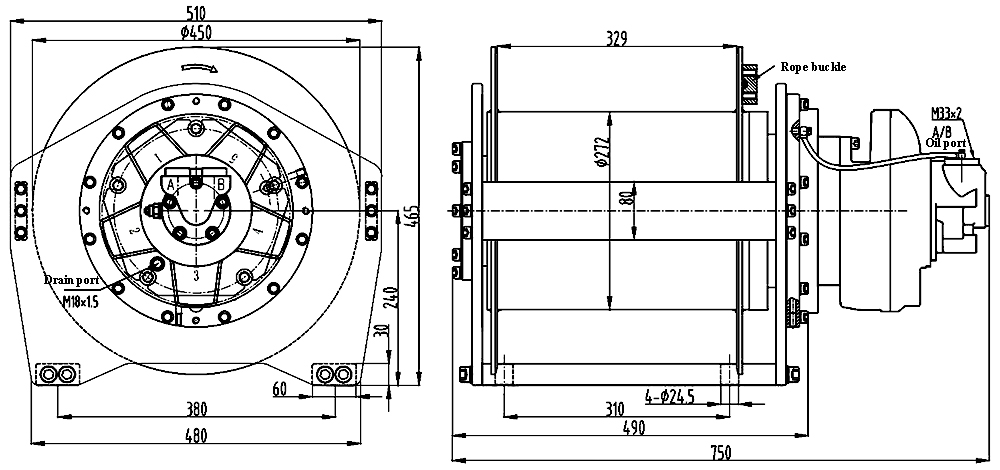 10000 lbs (5 ton) Hydraulic Winch Dimensions