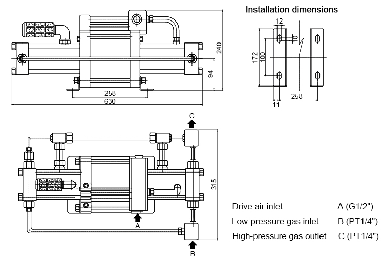 100:1 air pressure booster dimension