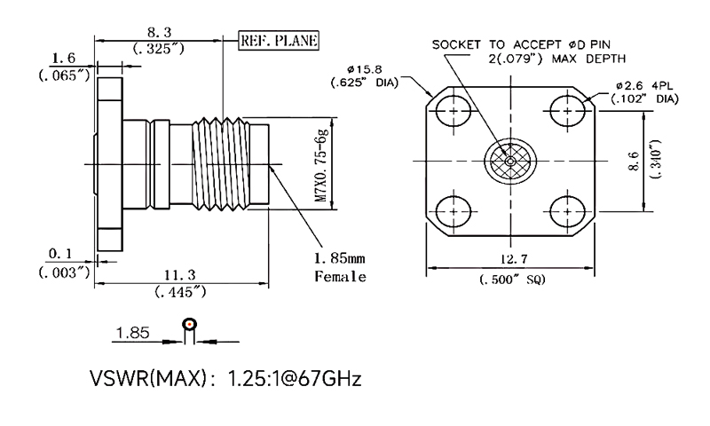 1.85mm female flange mount RF coaxial connector dimension