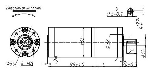 Dimensions of Brushed DC Motor with Gearbox 3200rpm 12V/24V 62mm