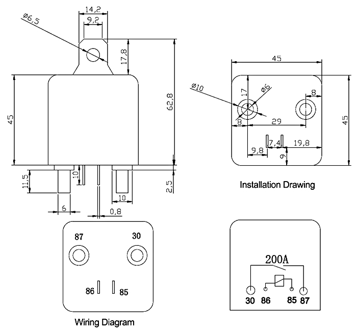 200A car starter relay dimension