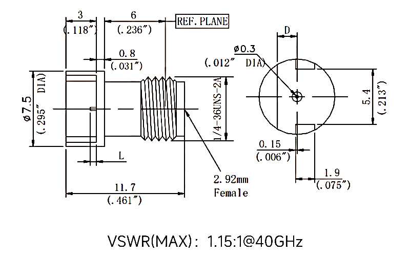 2.92mm female RF edge mount connector dimension